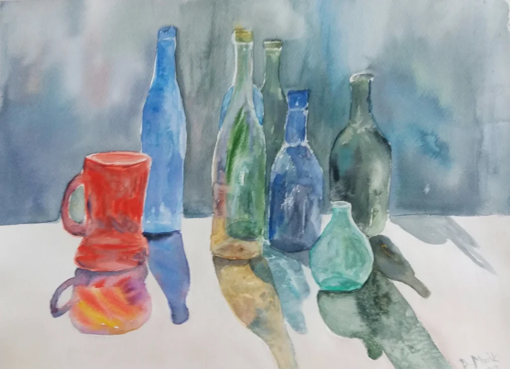 akwarela Martwa natura z butelkami, Bożena Mańk