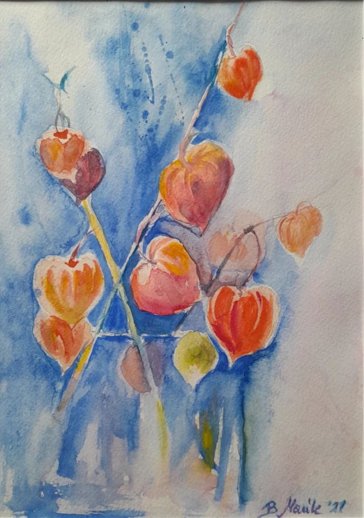 Miechunki w szkle, 2021, 30x21/50x40, akwarela