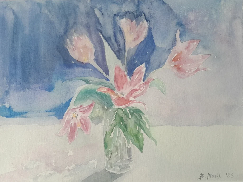 Różowe tulipany w wazonie, 2023, akwarela