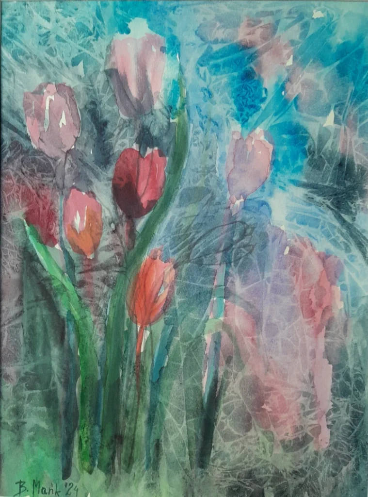 Tulipany w ogrodzie iluzji, 2024, 40x30/50x40, tusz i akwarela