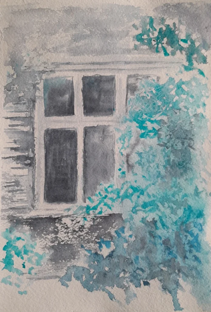 Zimowe okno z bluszczem, 2025, akwarela